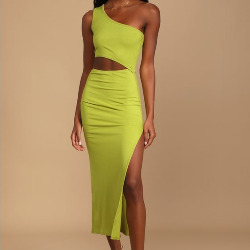 Lulus Spice Things Up Lime Green Ribbed One-Shoulder Cutout midi dress
